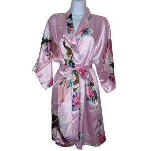 Peacock Print Satin Kimono Robe Belt Pink Floral Design Small Womens Lounge Wear